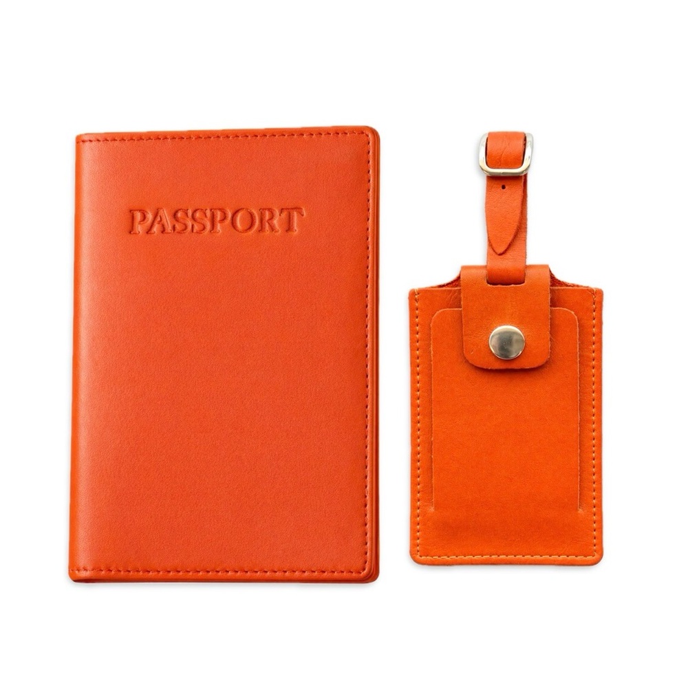 NEW Nappa Leather Passport Wallet + Luggage Tag Travel Set - Orange